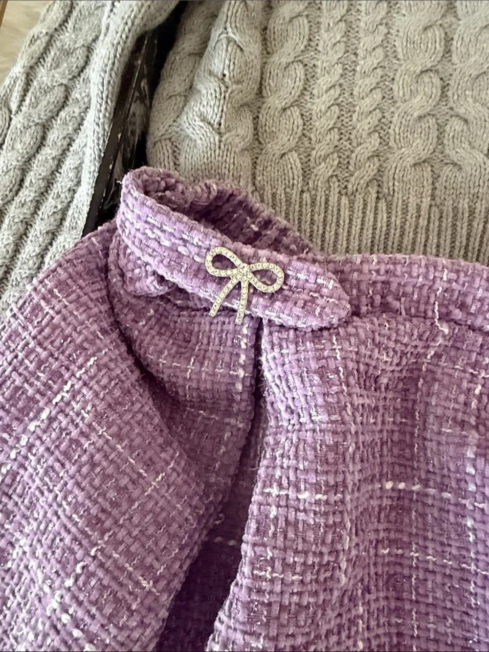 Tahari Gray Cable Knit Sweater with Lavender Tweed Headband and Skirt